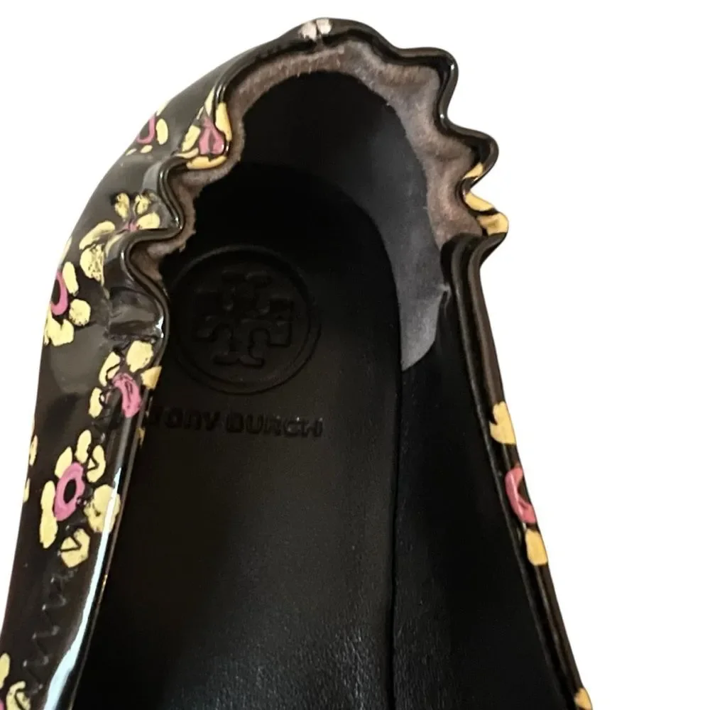 Tory Burch Minnie Travel Ballet Flats Black Patent Floral Print US 6.5
